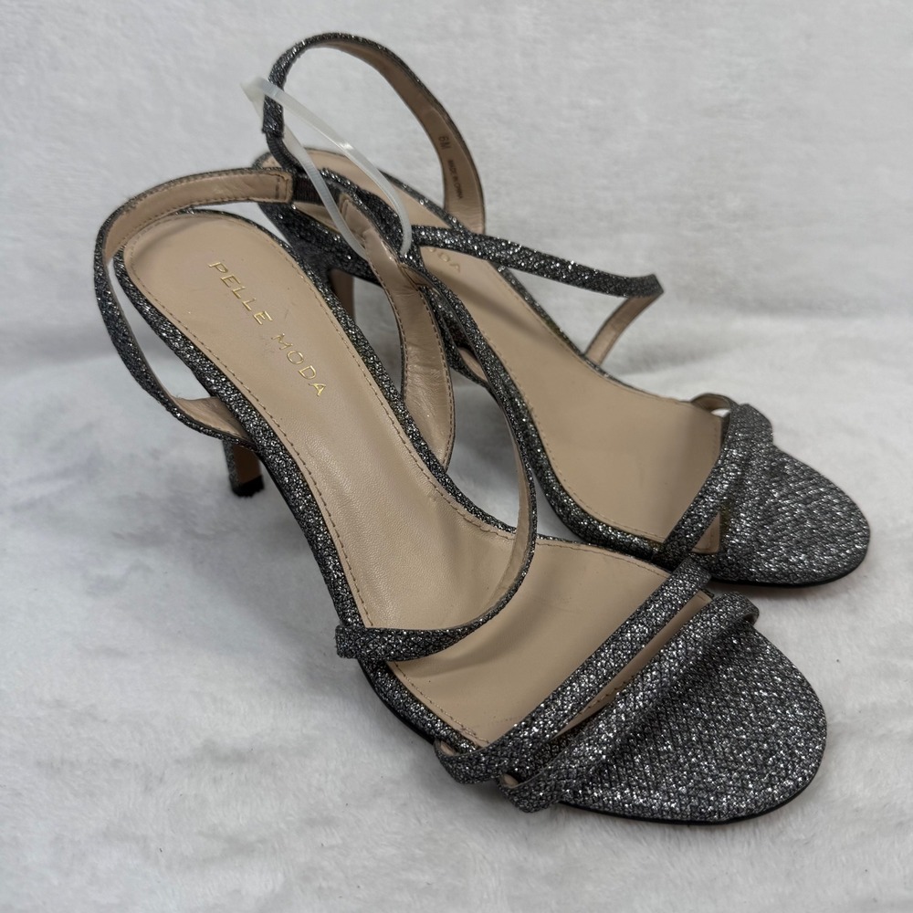 Pelle Moda Womens 6M Gunmetal Glitter Strappy Slingback Mid Heel Sandals Dressy